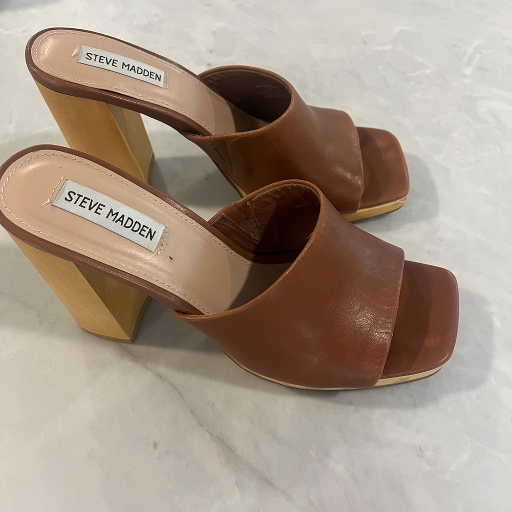 Steve Madden Josette Brown Leather Block Heel Mules 9.5
